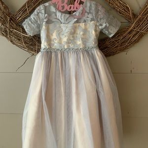Elegant silver  and champagne  Kids Formal Dress tea length flower girl wedding